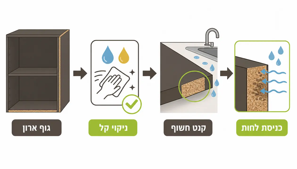 משטח פורמייקה למטבח על גופי ארונות ומדפים