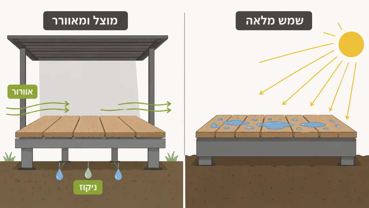 דק עץ אורן מותקן בחצר עם קורות תשתית גלויות