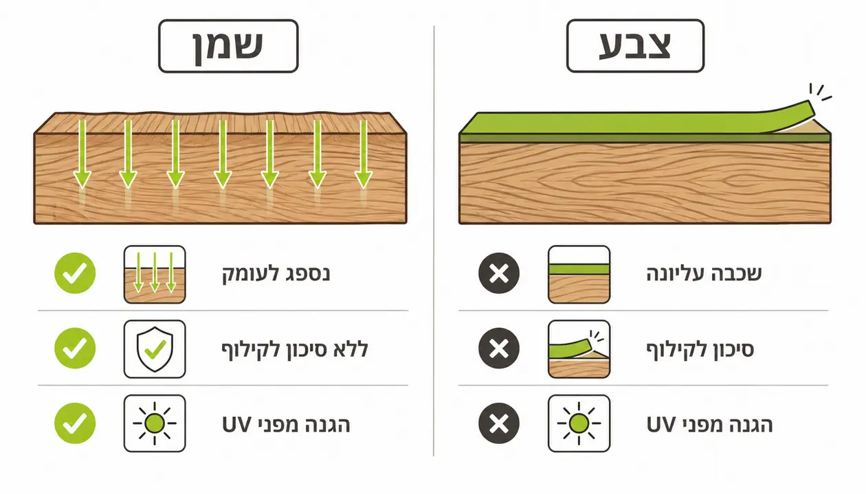 ההבדל בין שמן לעץ חוץ לבין צבע לעץ חוץ