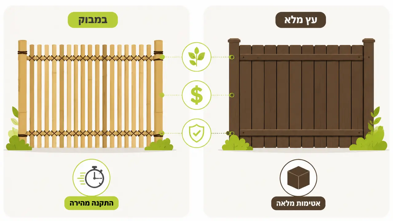 השוואה חזותית בין גדר במבוק לגדר עץ בגינה