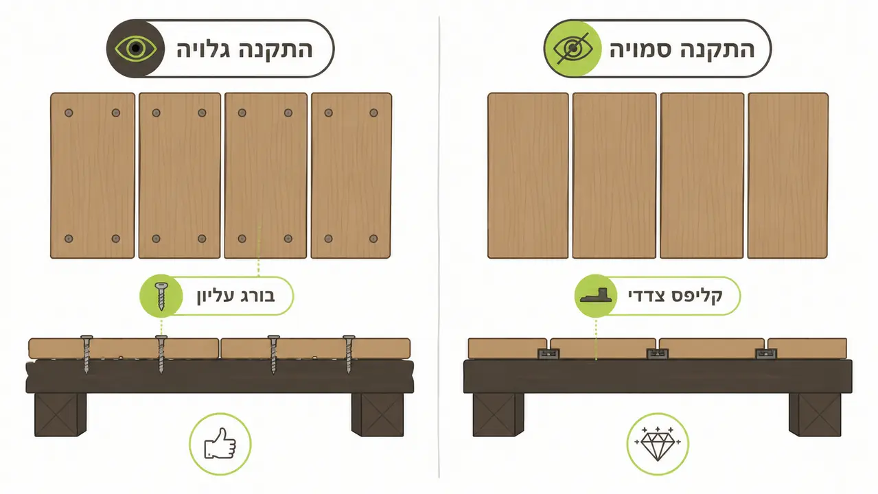 השוואה בין התקנה גלויה להתקנה סמויה בדק עץ
