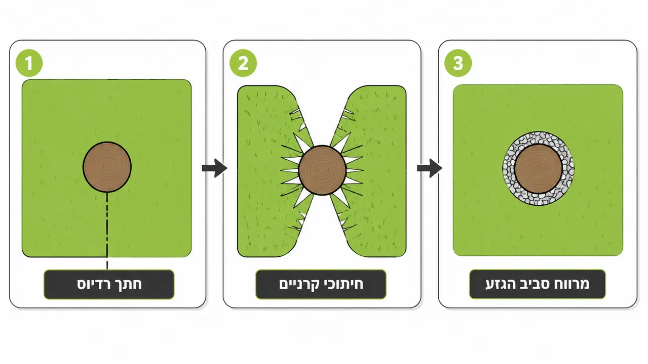 התקנת דשא סינטטי סביב גזע עץ עם חיתוכי קרניים