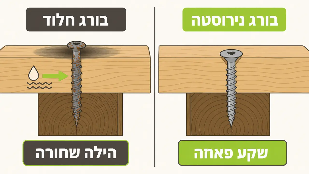 ברגים חלודים ולוחות עקומים בשיפוץ דק אורן